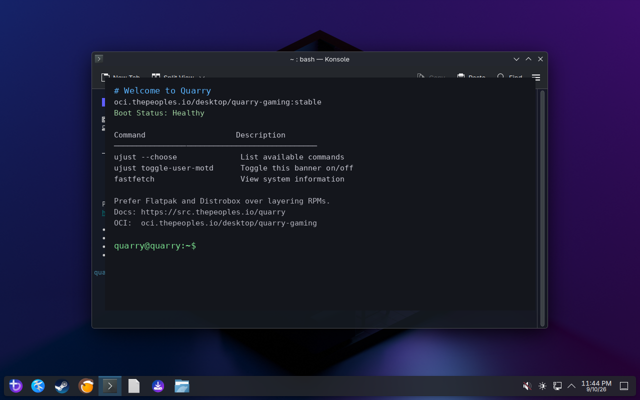 Konsole terminal (Quarry MOTD / hostname)
